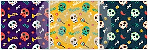 Set of Dia de Muertos Seamless Pattern Illustration with Day of the Dead and Skeleton Element in Mexican Design