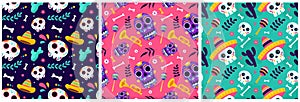 Set of Dia de Muertos Seamless Pattern Illustration with Day of the Dead and Skeleton Element in Mexican Design