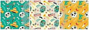 Set of Dia de Muertos Seamless Pattern Illustration with Day of the Dead and Skeleton Element in Mexican Design