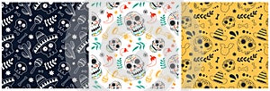 Set of Dia de Muertos Seamless Pattern Illustration with Day of the Dead and Skeleton Element in Mexican Design