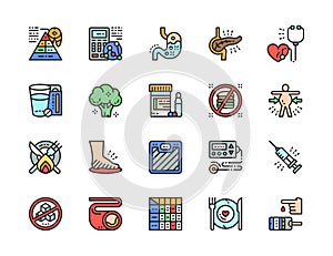 Set of Diabetes Flat Color Icons. Heartburn, Electrocardiogram, Glucometer.