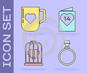 Set Diamond engagement ring, Coffee cup and heart, Heart in the bird cage and Valentines day flyer with heart icon