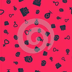 Set Diamond engagement ring, Greeting card, Female gender symbol and Wedding rings on seamless pattern. Vector