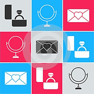 Set Diamond engagement ring, Round makeup mirror and Envelope with 8 March icon. Vector