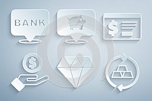 Set Diamond, Online banking with dollar, Hand giving money, Gold bars, Piggy and Bank building icon. Vector