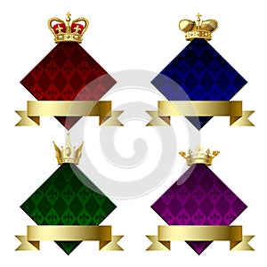 Set of diamond-shaped color ornamental badges with golden crowns and ribbons banners isolated on white