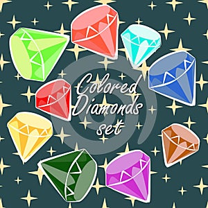 Set with diamonds and crystals in bright colors on a background of stars. Children's illustration, Cartoon