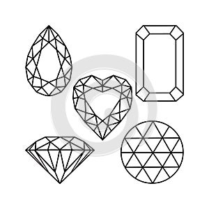 Set of diamonds, precious stones of different forms of cut.