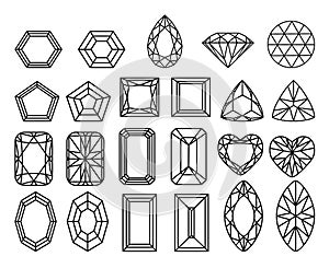 Set of diamonds, precious stones of different forms of cut.