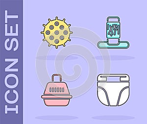 Set Diaper for dog, Tennis ball, Pet carry case and Cat scratching post icon. Vector