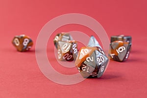 Set of dice for fantasy dnd and rpg tabletop games Board game polyhedral dices with different sides on red background