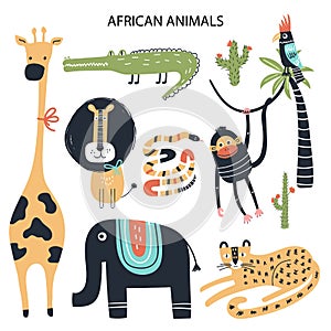 Set of diferent cartoon African animals. Cute handdrawn kids clip art collection. Vector illustration