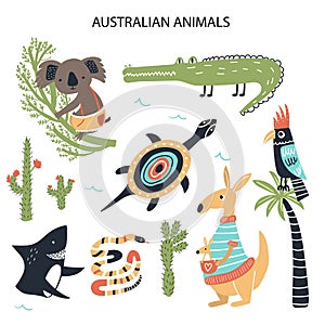 Set of diferent cartoon Australian animals. Cute handdrawn kids clip art collection. Vector illustration