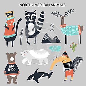 Set of diferent cartoon North American animals. Cute handdrawn kids clip art collection. Vector illustration