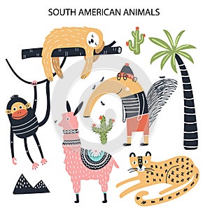 Set of diferent cartoon South American animals. Cute handdrawn kids clip art collection. Vector illustration