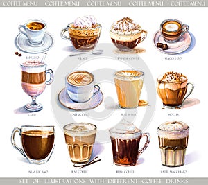 Set with diferent coffee drinks for cafe or coffeehouse menu.