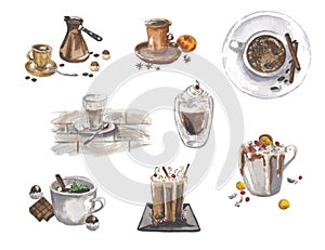 Set with diferent coffee drinks. Illustration of strong espresso, gentle latte, sweet macchiato, cappuccino. photo