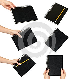 set of differen notebooks with hand. isolated on white background