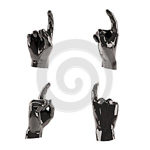 Set of different abstract black plastic hands over white background. One finger up