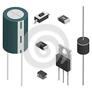 Set of different electronic components in 3D, vector illustration.