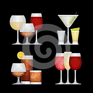 Set of different alcohol drinks by glasses on black background.