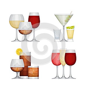 Set of different alcohol drinks by glasses. Flat design style,