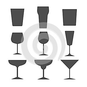 Set of different alcohol glasses. Symbols and icons. Flat design, vector illustration