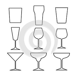 Set of different alcohol glasses. Symbols and icons. Flat design, vector illustration