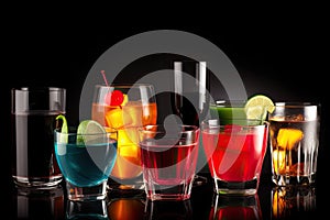 Set of different alcoholic drinks on a black background. Generative AI