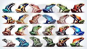 Set of different aligned frogs. illustration of colorful poisonous frogs on a white background. Generative Ai