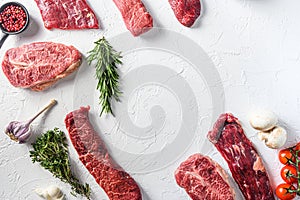 Set of different alternative types of raw beef steaks,on a white stone background top view concept frame in corners space for text