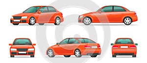 Set of different angles of a red car. City sport sedan view from the side, front, rear and in profile. Vehicle for your project