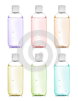 Set of different antibacterial hand gels on background