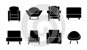 Set of different armchairs icons. Collection of seating types. Beautiful design elements - classic, retro or modern