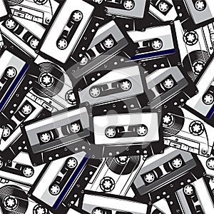 A set of different audio cassettes. Seamless background in retro style. Vector illustration