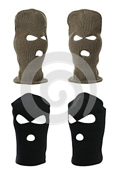 Set with different balaclavas on white photo