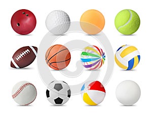 Set with different balls on white. Sports equipment