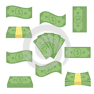 Set different banknotes money. Stack bills, finance heap cash - flat vector illustration. Currency objects on a