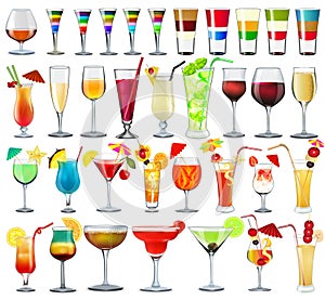 set of different bar glasses with wine and different cocktails decorated with fruit tubes and umbrellas