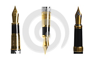 Set with different beautiful fountain pens on white background