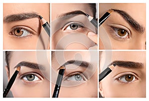 Set with different beautiful women correcting eyebrow shape, closeup.