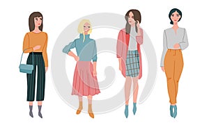 Set of different beautiful young women in fashionable clothes. Vector illustration in flat cartoon style