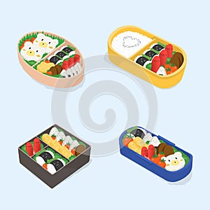 Set of different bento. Japanese lunch boxes collection. Funny cartoon food. Isometric colorful vector illustration.