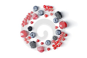 set of different berries on a white background, such as strawberries, cherries, raspberries, blueberries, currants,