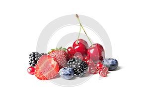 Set of different berries on a white background, such as strawberries, cherries, raspberries, blueberries, currants