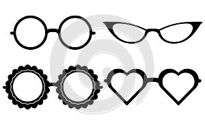 Set of different black silhouettes of glasses. Unusual sun protection and optical instruments. Vector element