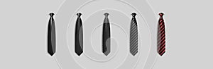 Set different black ties isolated on gray background. Colored tie for men