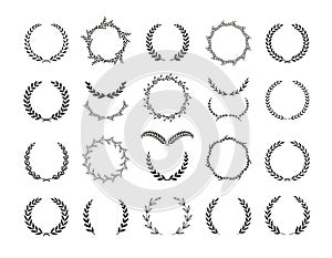 Set of different black and white silhouette circular laurel foliate and olive wreaths depicting an award, achievement, heraldry, photo