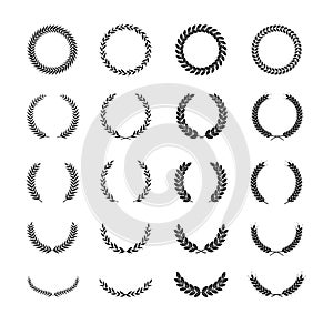 Set of different black and white silhouette laurel foliate and wheat wreaths depicting an award, achievement, heraldry, nobility,