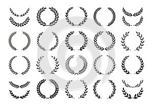 Set of different black and white silhouette round laurel foliate and wheat wreaths depicting an award, achievement, heraldry, photo